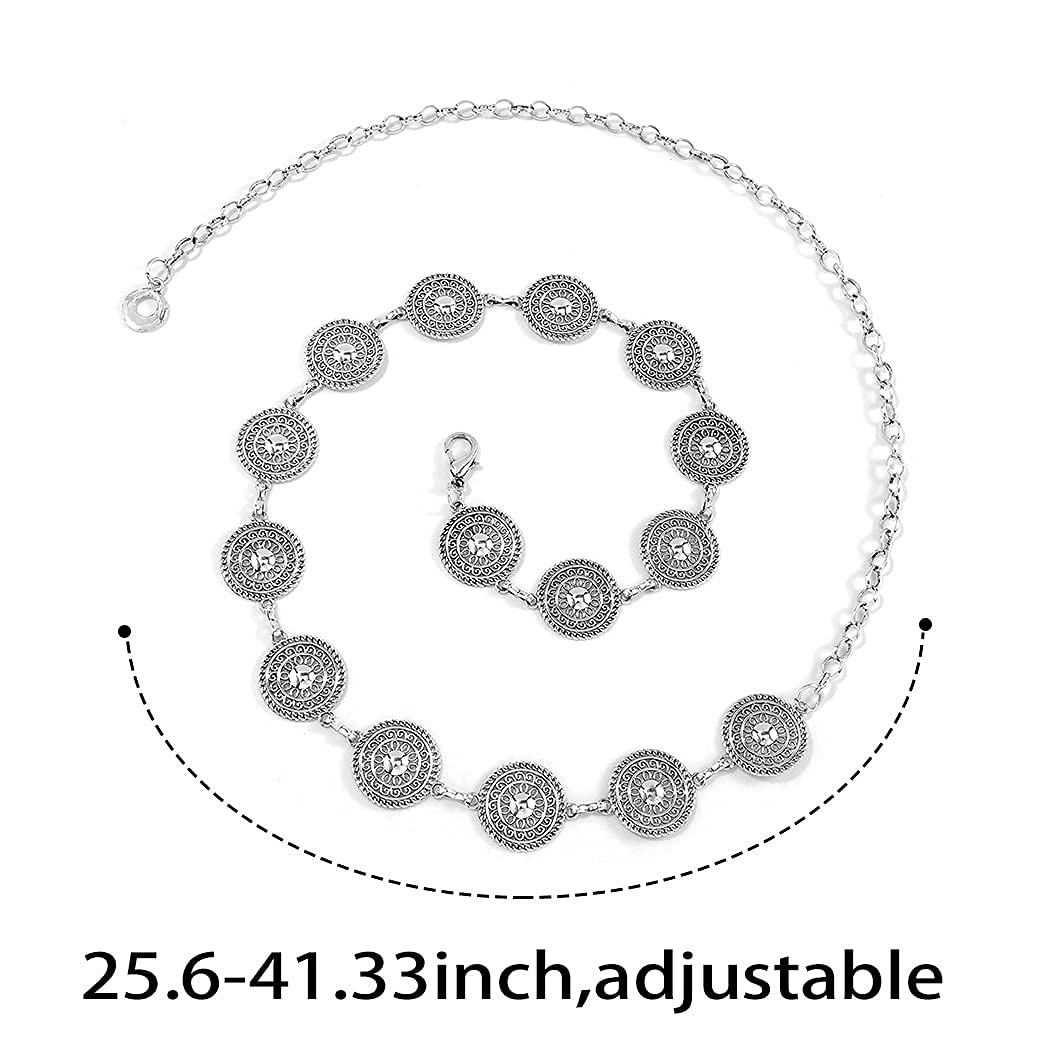 ELABEST Vintage Waist Chain Belt Silver Waistband Adjustable Carved Concho Belly Chain Body Jewelry Accessories for Women Jeans Dresses (Silver)