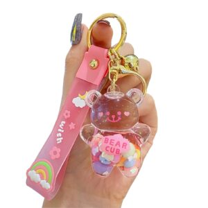 wimeti kawaii keychain bear liquid floating quicksand cute keychains bag charm wristlet bracelet key ring for women girl (pink)