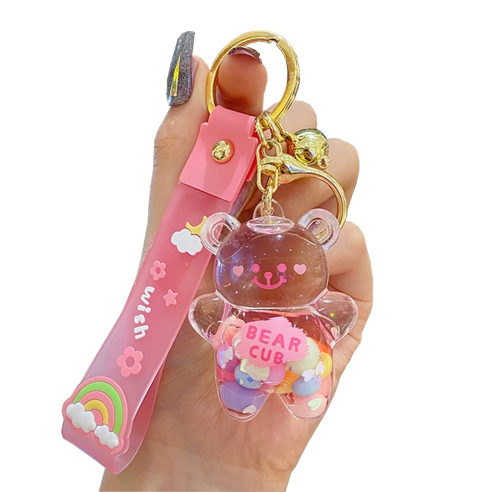 WIMETI Kawaii Keychain Bear Liquid Floating Quicksand Cute Keychains Bag Charm Wristlet Bracelet Key Ring for Women Girl (Pink)