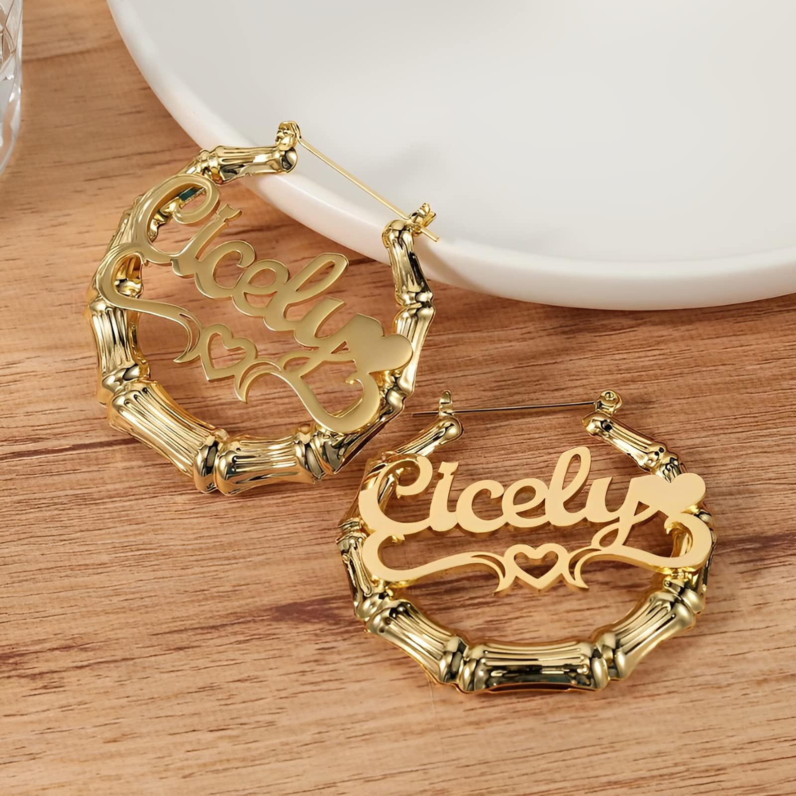 HAOQINA Custom Name Earrings Personalized Bamboo Hoop Earrings 18K Gold Plated Customize Earrings for Women Hip-Hop Fashion Jewelry Gift