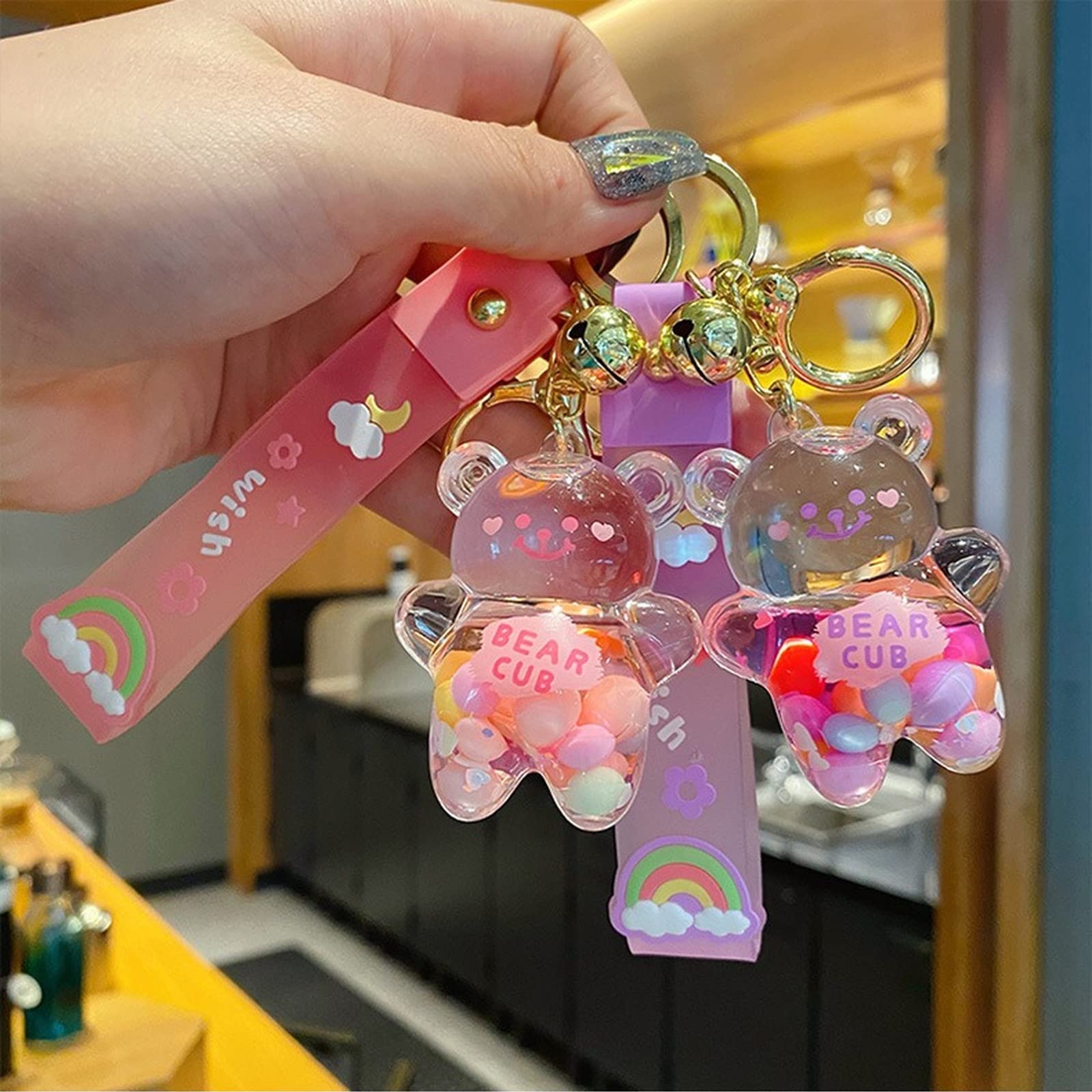 WIMETI Kawaii Keychain Bear Liquid Floating Quicksand Cute Keychains Bag Charm Wristlet Bracelet Key Ring for Women Girl (Pink)