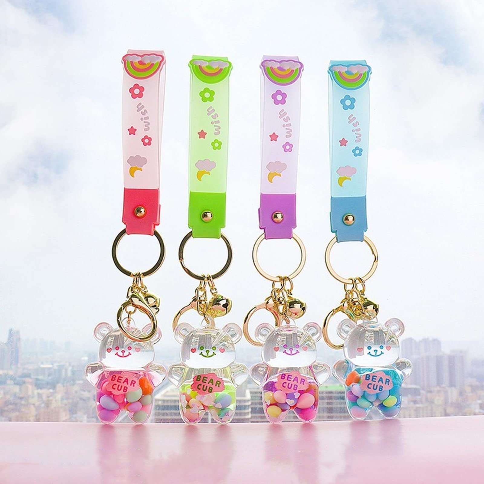 WIMETI Kawaii Keychain Bear Liquid Floating Quicksand Cute Keychains Bag Charm Wristlet Bracelet Key Ring for Women Girl (Pink)