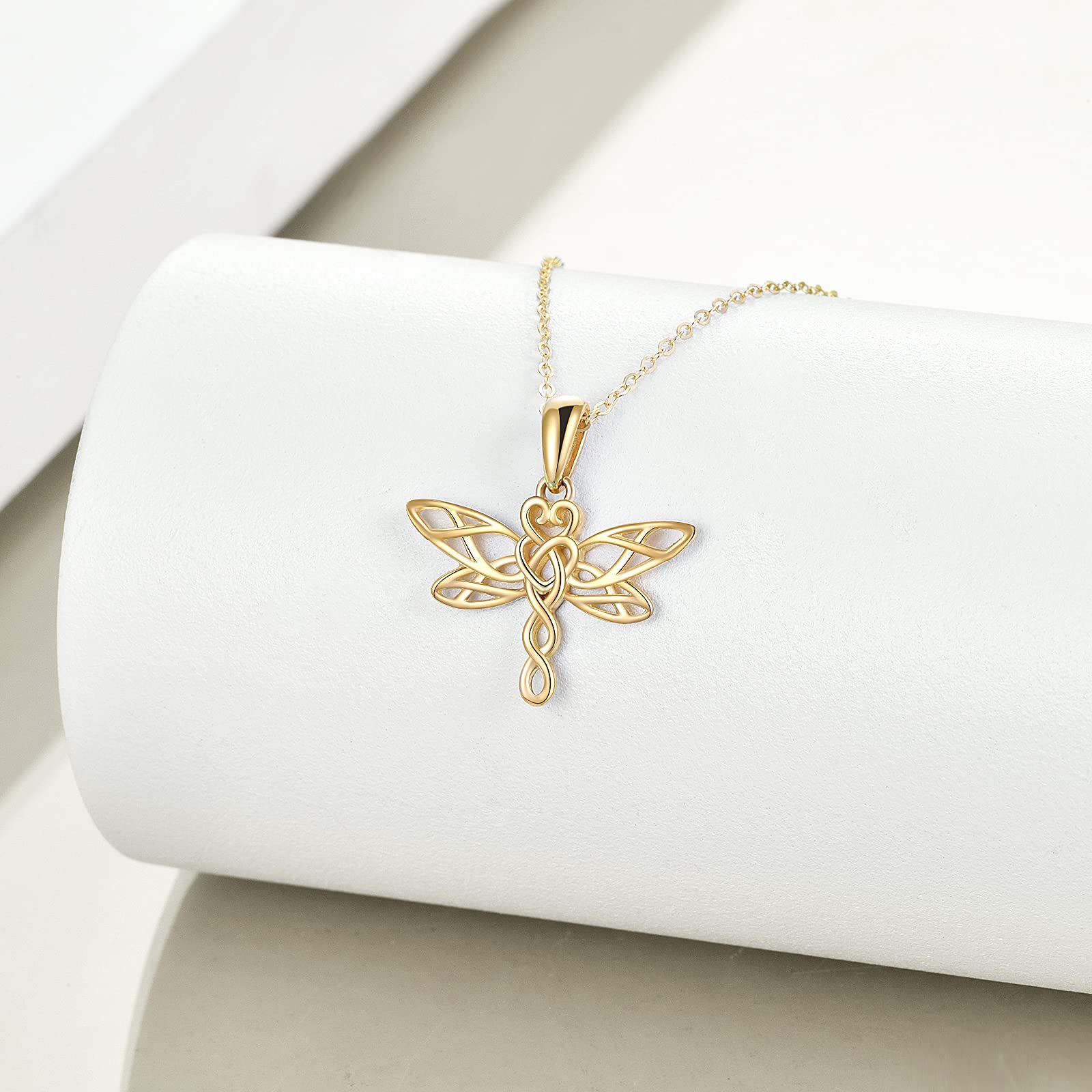 KECHO 14k Yellow Gold Dragonfly Necklace Gifts for Women Celtic Dragonfly Pendant Irish Jewelry