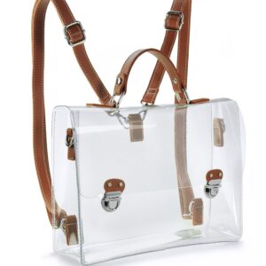 Clear PVC Backpack for Stadium Approved Multifunction Transparent Shoulder Handbag Unisex Messenger Satchel Cross Body Bag (Brown)