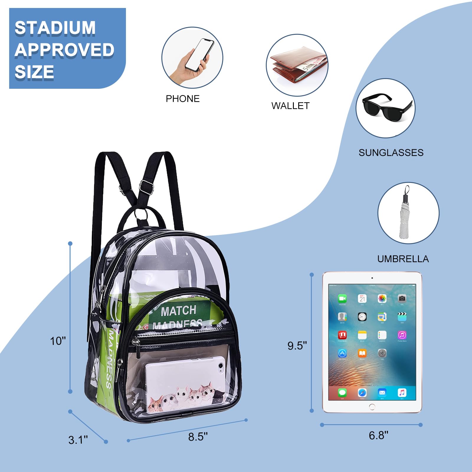 Oraben Clear Mini Backpack, Clear Bag Stadium Approved, Mini Transparent Backpacks See Through Bag for Concert Security