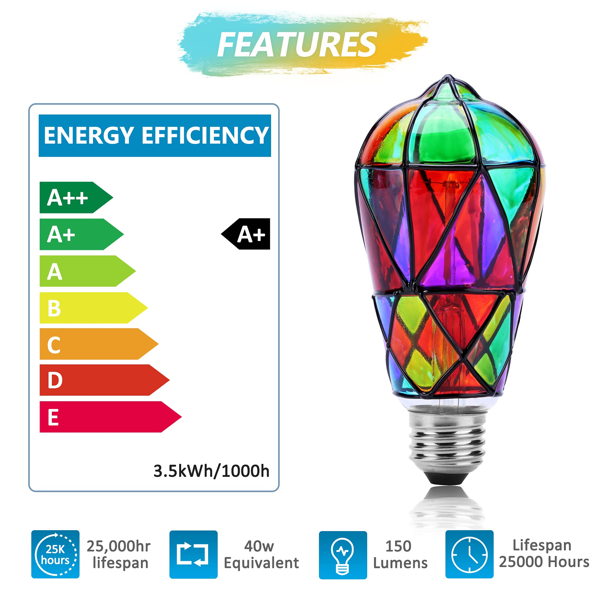 Tidorlou 2 Pack Stained Glass LED Light Bulb, Dimmable E26 Medium Base, ST64 3.5W LED Bulb for Home Party, Balcony, Garden, Christmas Halloween Decoration