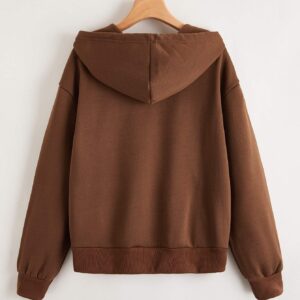 WDIRARA Women's Zip Front Drawstring Hoodie Pullover Long Sleeve Casual Sweatshirt Top Brown L