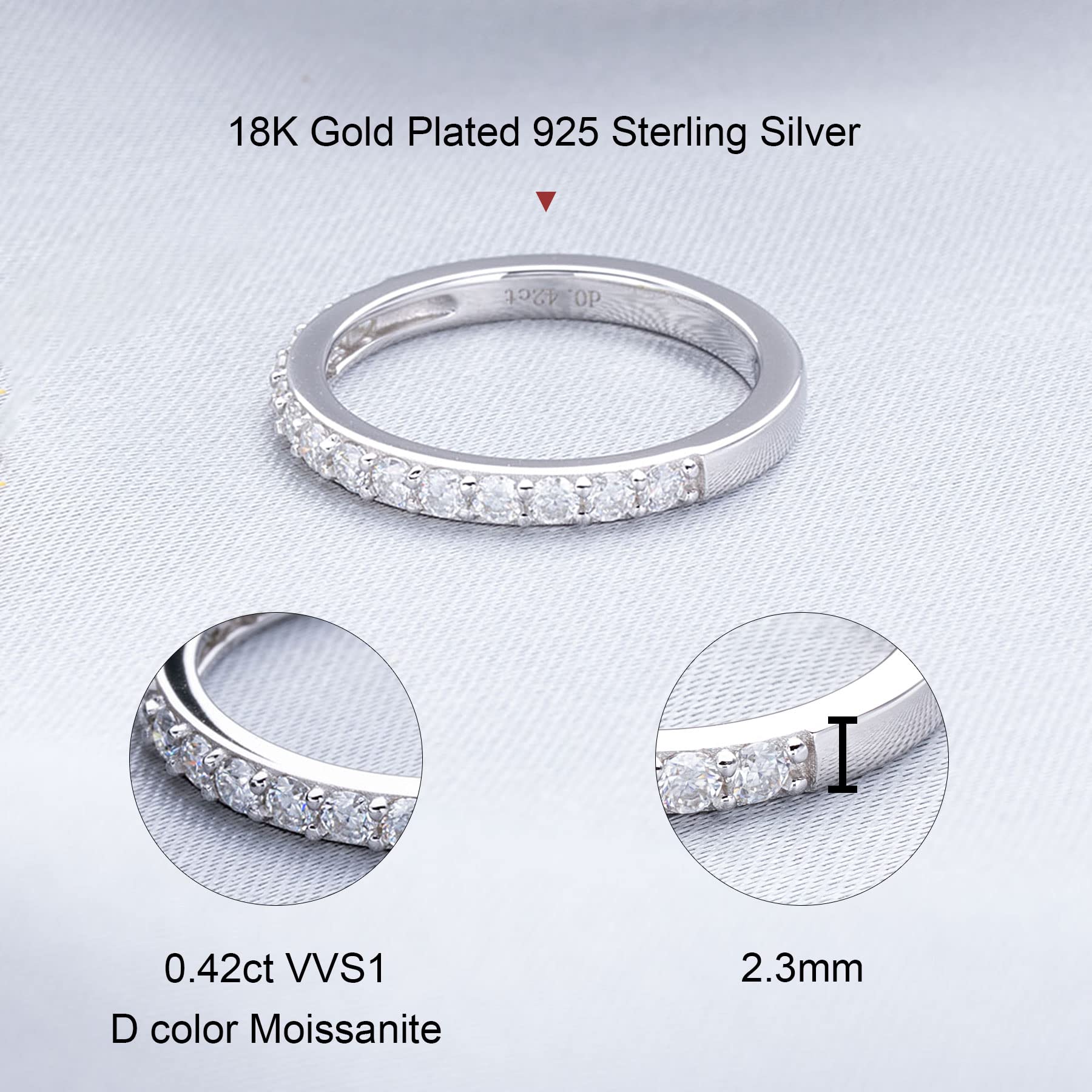 Ladylike Moissanite Wedding Band 18K White Gold Plated 925 Sterling Silver Wedding Rings 0.42ct D Color VVS1 Lab Created Diamond Half Eternity Wedding Band Stackable Ring for Women (7.5)