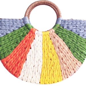 QZUnique Straw Handbags Rainbow Stitching Top Handle Tote Women's Summer Beach Natural Casual Satchel Shoulder Bag