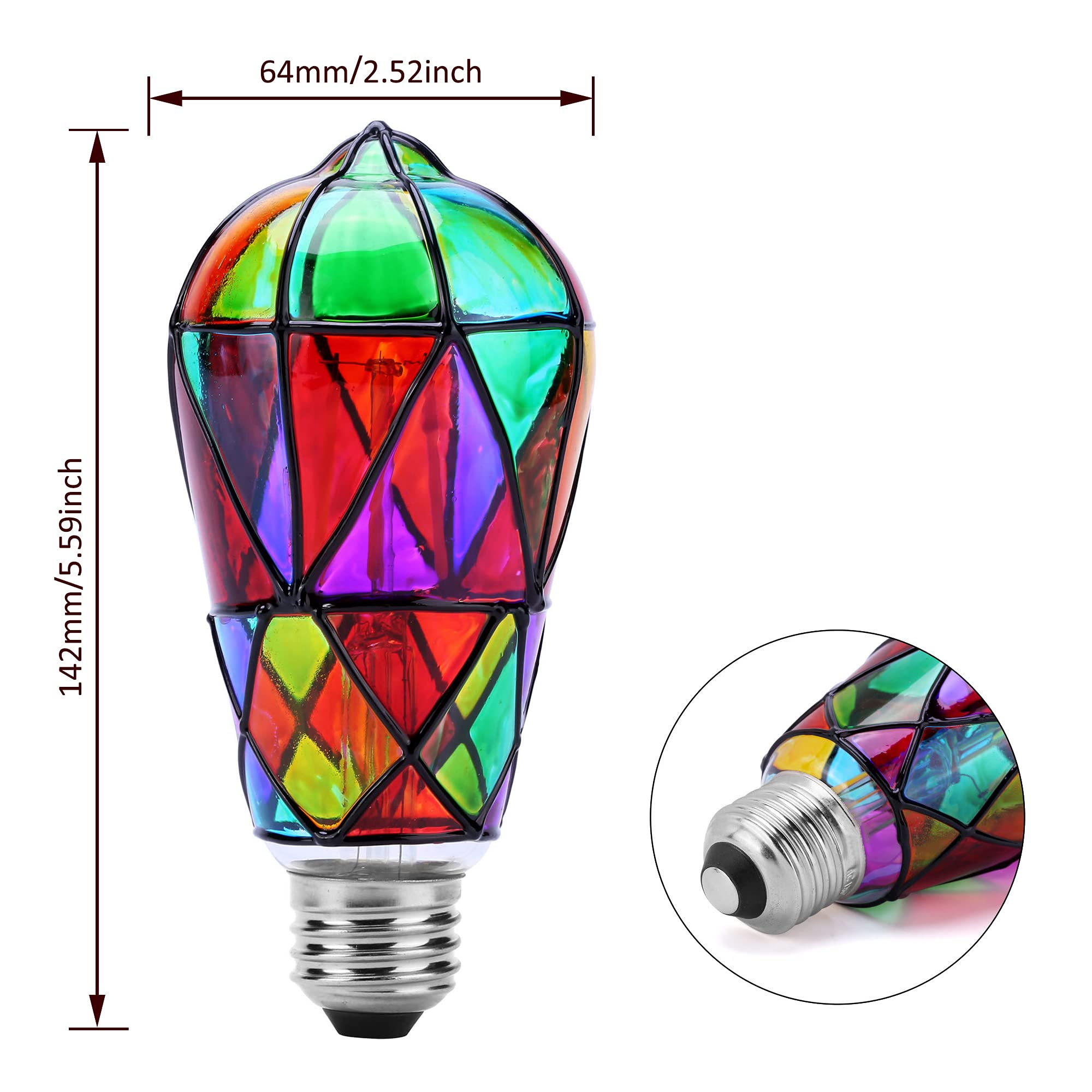 Tidorlou 2 Pack Stained Glass LED Light Bulb, Dimmable E26 Medium Base, ST64 3.5W LED Bulb for Home Party, Balcony, Garden, Christmas Halloween Decoration