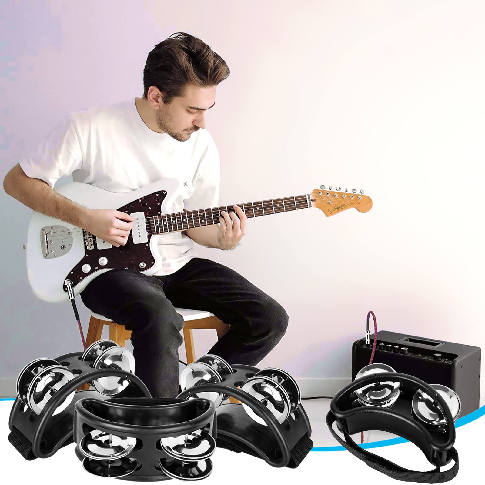 4 PCS Foot Tambourine for Adults, Black Foot Percussion Instruments with Metal Steel Jingle Bell for Guitar Drum Accessory Instrument