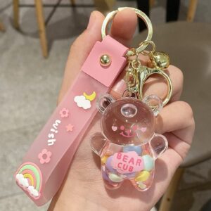 WIMETI Kawaii Keychain Bear Liquid Floating Quicksand Cute Keychains Bag Charm Wristlet Bracelet Key Ring for Women Girl (Pink)