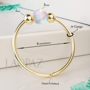 LAOPAZ 14k Gold Filled Nose Hoop with White Opal - 20 Gauge Nose Ring for Women and Men - Hypoallergenic Nose Jewelry 7mm Diameter 0.2 Inches - Handmade Nose Ring for Women