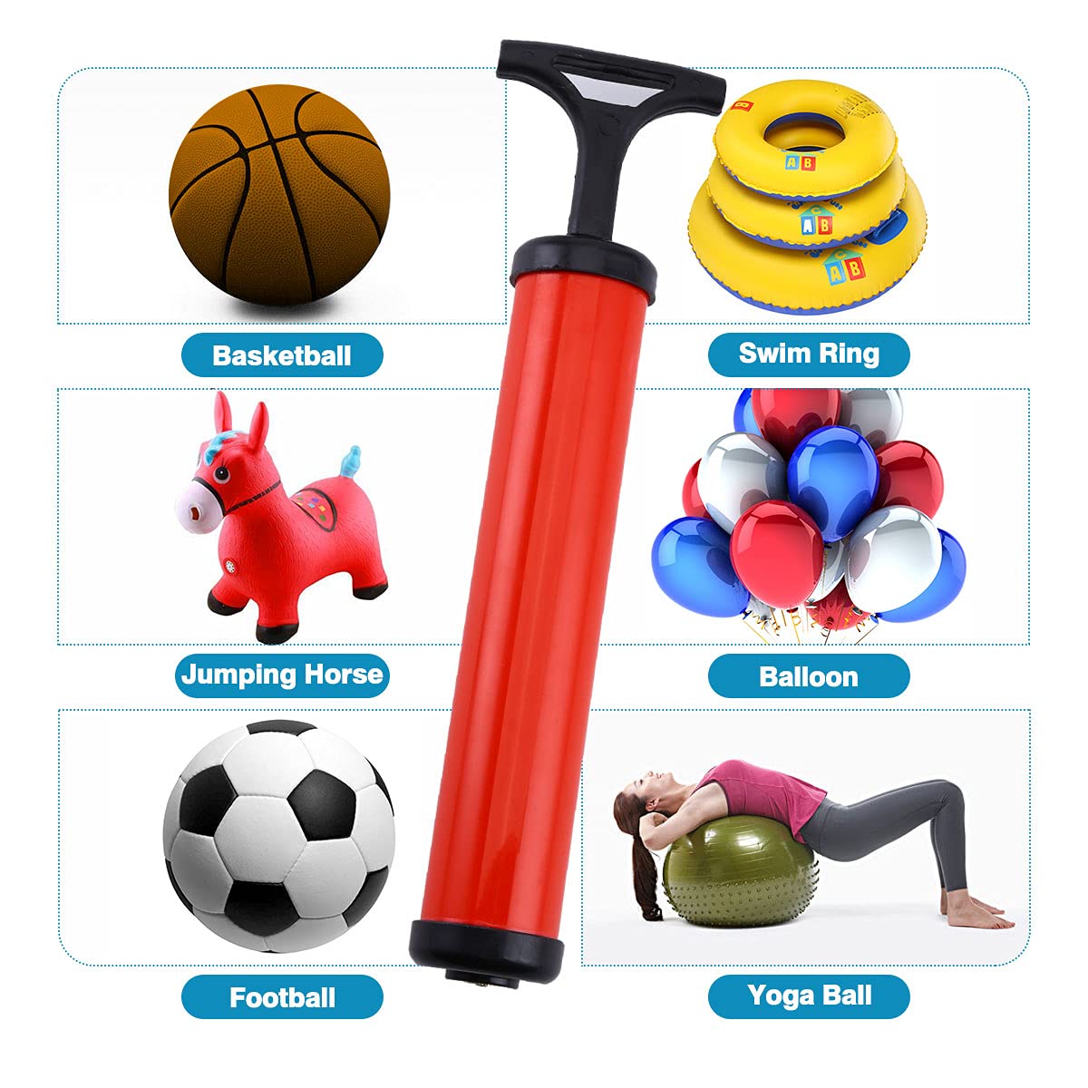 SLTG2020 Sports Ball Pump Portable Air Pump with Inflation Needle Nozzles and Rubber Hose Great for Volleyball Pump, Basketball Inflator, Football & Soccer Ball Swim Ring Balloon Air Pump