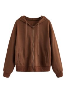 wdirara women's zip front drawstring hoodie pullover long sleeve casual sweatshirt top brown l