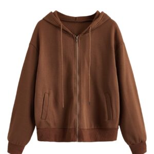 WDIRARA Women's Zip Front Drawstring Hoodie Pullover Long Sleeve Casual Sweatshirt Top Brown L