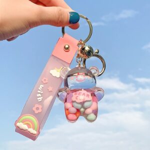 WIMETI Kawaii Keychain Bear Liquid Floating Quicksand Cute Keychains Bag Charm Wristlet Bracelet Key Ring for Women Girl (Pink)