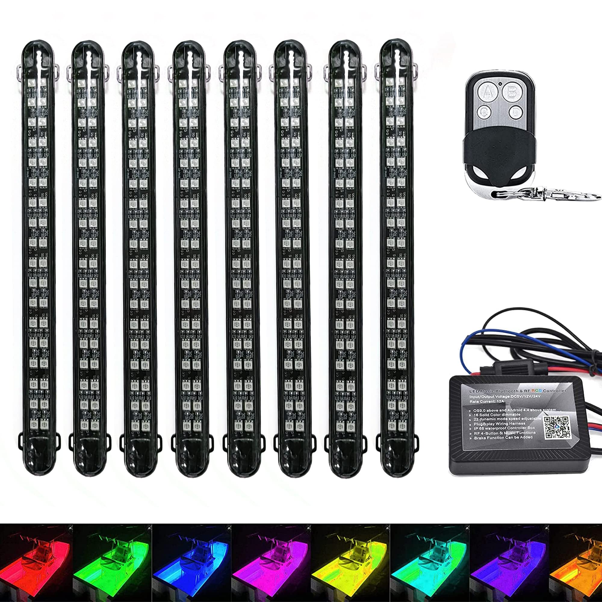 NBWDY 8pcs Led Strip Lights Boat Lights with APP 4-Key RF Remote Control,Waterproof 12V Boat Interior RGB Strip Lights,Boat Deck Lighting,Multi-Color Marine Lights for Boat Sailboat Kayak