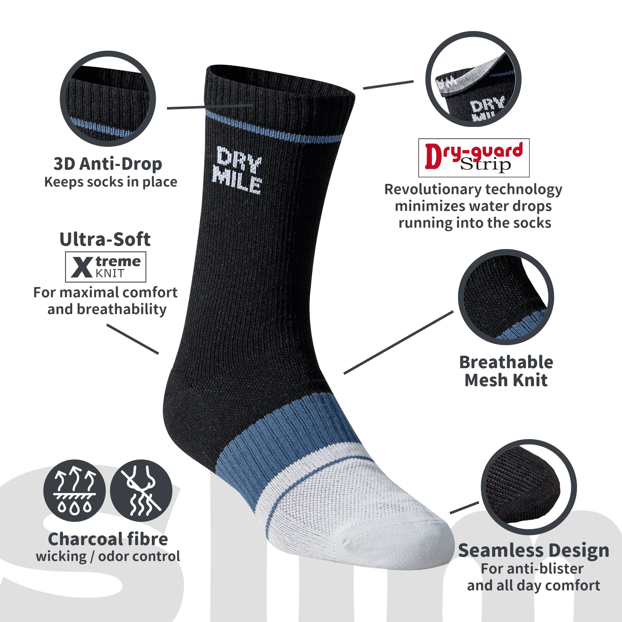 DRYMILE Slim Waterproof Socks, Thin Moisture Wicking Winter Waterproof Socks for Men & Women, Golf, Cycling - Crew (M, Black and Blue)