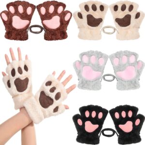 satinior 4 pairs cat paw gloves fingerless gloves mittens half finger paw gloves winter plush gloves for kids adult costume