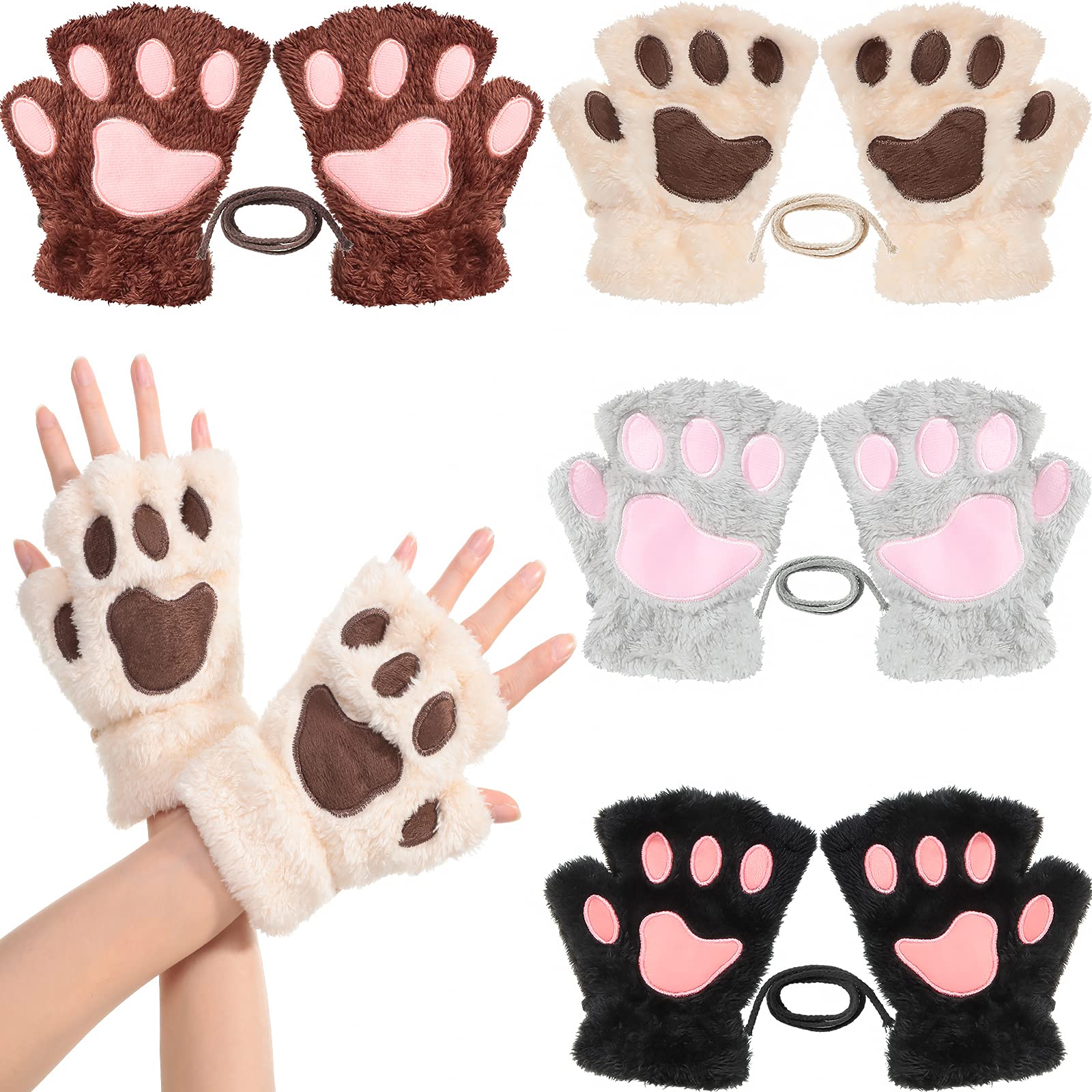 SATINIOR 4 Pairs Cat Paw Gloves Fingerless Gloves Mittens Half Finger Paw Gloves Winter Plush Gloves for Kids Adult Costume