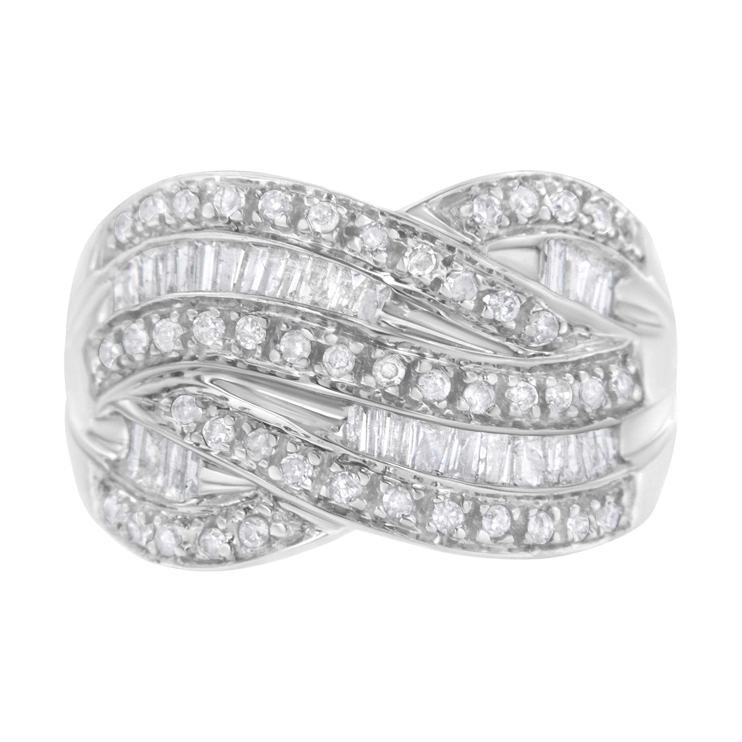 Haus of Brilliance .925 Sterling Silver 1.0 Cttw Channel Set Alternating Round and Baguette Diamond Cross-over Bypass Ring Band (I-J Color, I2-I3 Clarity) - Size 6