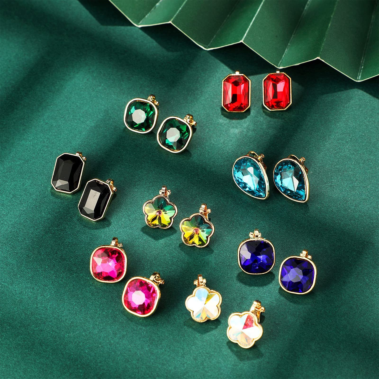 12 Pairs Clip on Earrings for Women Vibrant Color Birthstone Fake Earrings Glittering Clip-on Earrings Set for Women