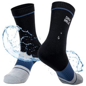 drymile slim waterproof socks, thin moisture wicking winter waterproof socks for men & women, golf, cycling - crew (m, black and blue)