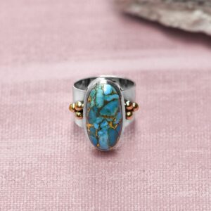 YoTreasure Blue Copper Turquoise Bold Ring .925 Sterling Silver with Brass Accents