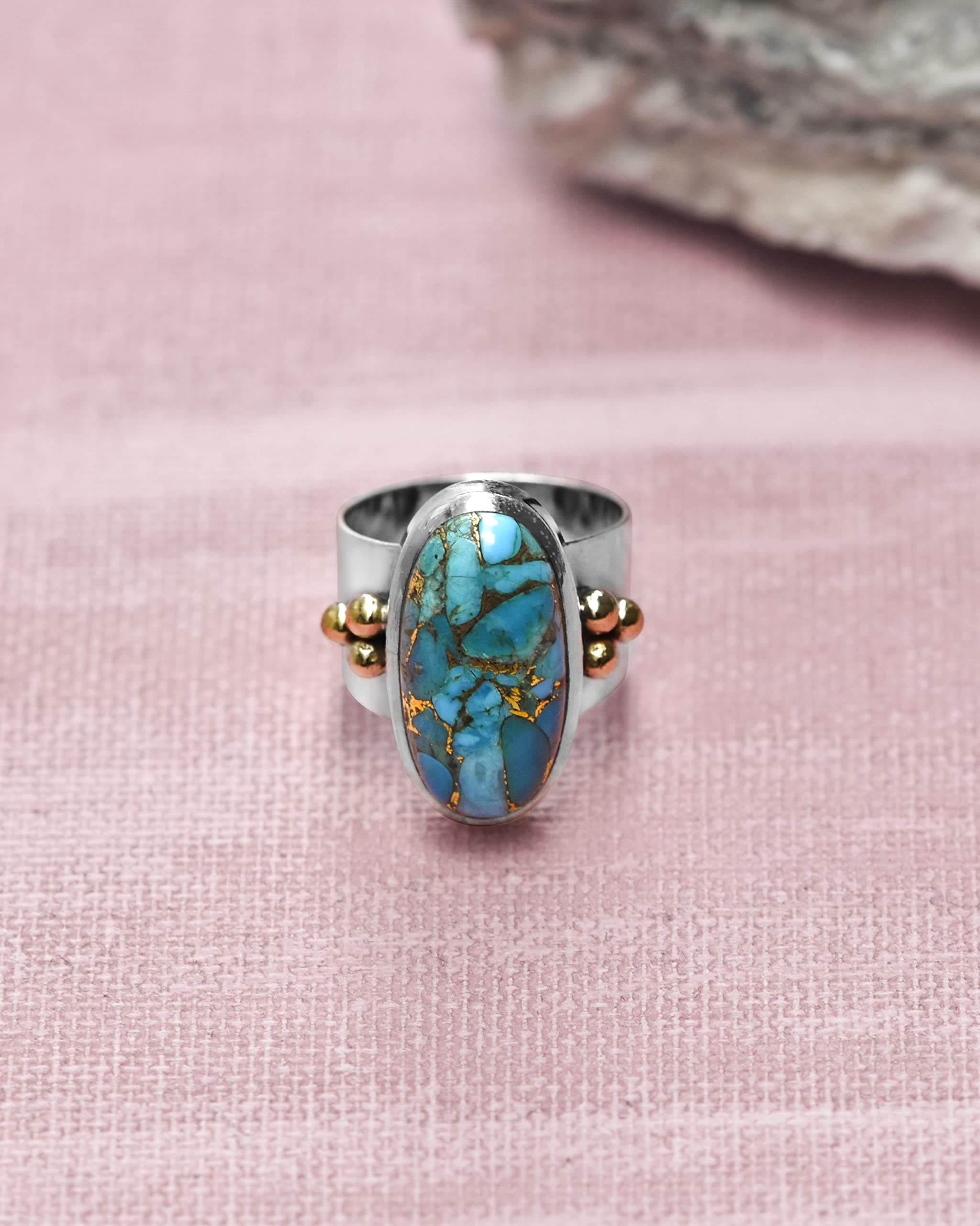 YoTreasure Blue Copper Turquoise Bold Ring .925 Sterling Silver with Brass Accents