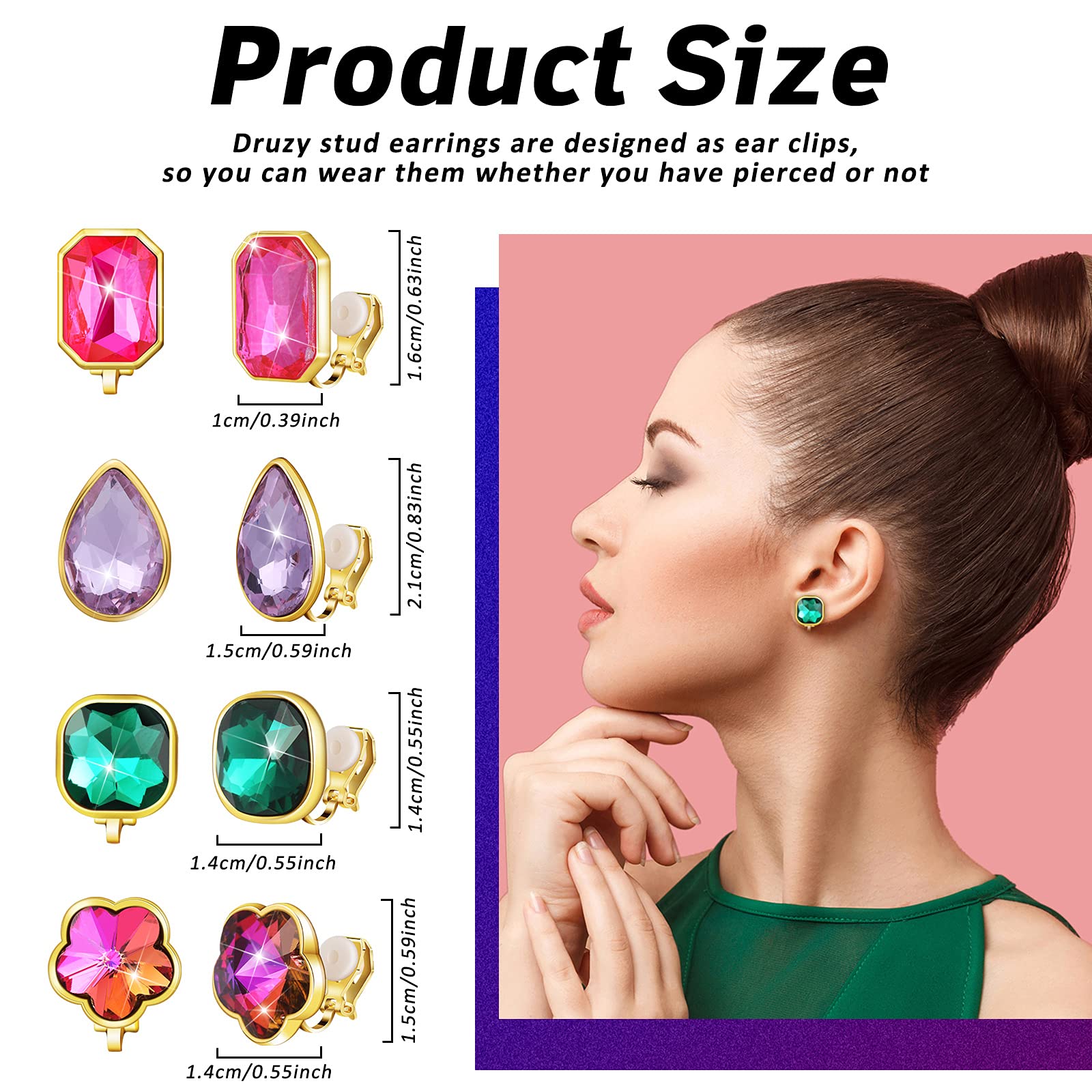 12 Pairs Clip on Earrings for Women Vibrant Color Birthstone Fake Earrings Glittering Clip-on Earrings Set for Women