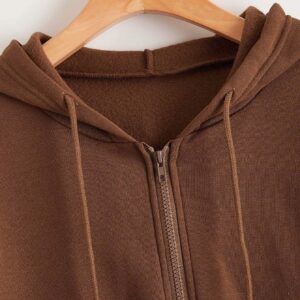 WDIRARA Women's Zip Front Drawstring Hoodie Pullover Long Sleeve Casual Sweatshirt Top Brown L