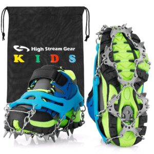 kids ice cleats - snow crampons for hiking boots & shoes with 14 stainless steel spikes, anti slip traction grips for boys and girls, snow cleats for hiking, walking & climbing (small, blue)