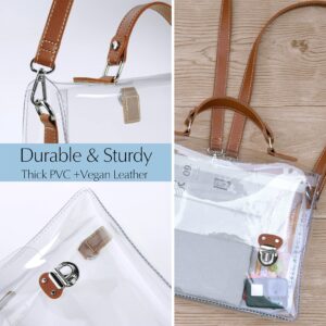 Clear PVC Backpack for Stadium Approved Multifunction Transparent Shoulder Handbag Unisex Messenger Satchel Cross Body Bag (Brown)