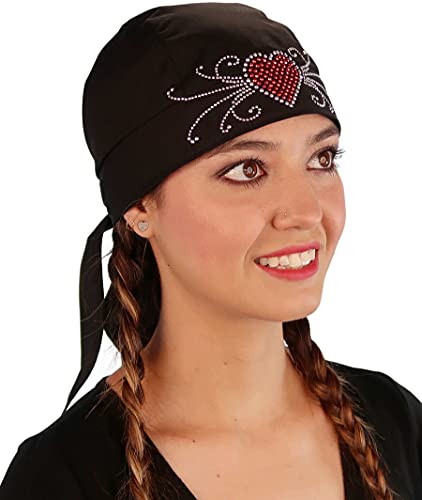 Black Skull Cap with Red Heart & Swirls Rhinestud - American Made Embellished Classic Skull Cap - Skull Cap Doo Rag Do Rag Headwrap - Made in USA!