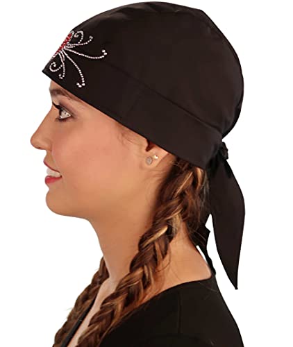 Black Skull Cap with Red Heart & Swirls Rhinestud - American Made Embellished Classic Skull Cap - Skull Cap Doo Rag Do Rag Headwrap - Made in USA!