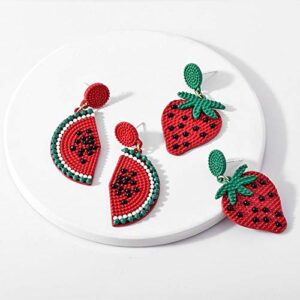 Cute Red Strawberry Watermelon Fruit Drop Earrings Bohemian Beaded Dangle Earrings Sweet Fruit Stud Earrings for Women (Strawberry)