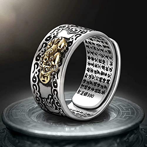 JAJAFOOK 990 Silver PIXIU MANI Amulet Lucky Wealth Buddhist Mantra Ring Wealth Money Feng Shui Ring Jewelry, Adjustable, Women