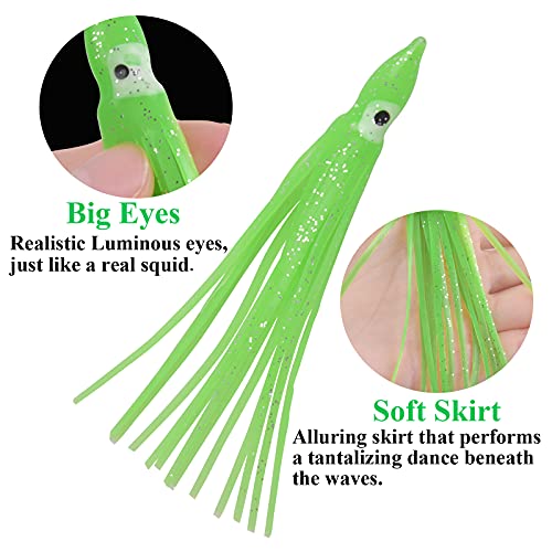 Fishing Squid Skirts Lures Octopus Skirts Trolling Lures Soft Plastic Lures Fishing Tackle Squid Skirts Fishing Bait for Saltwater Bass Salmon Trout (Green, 2.75in - 30pcs)