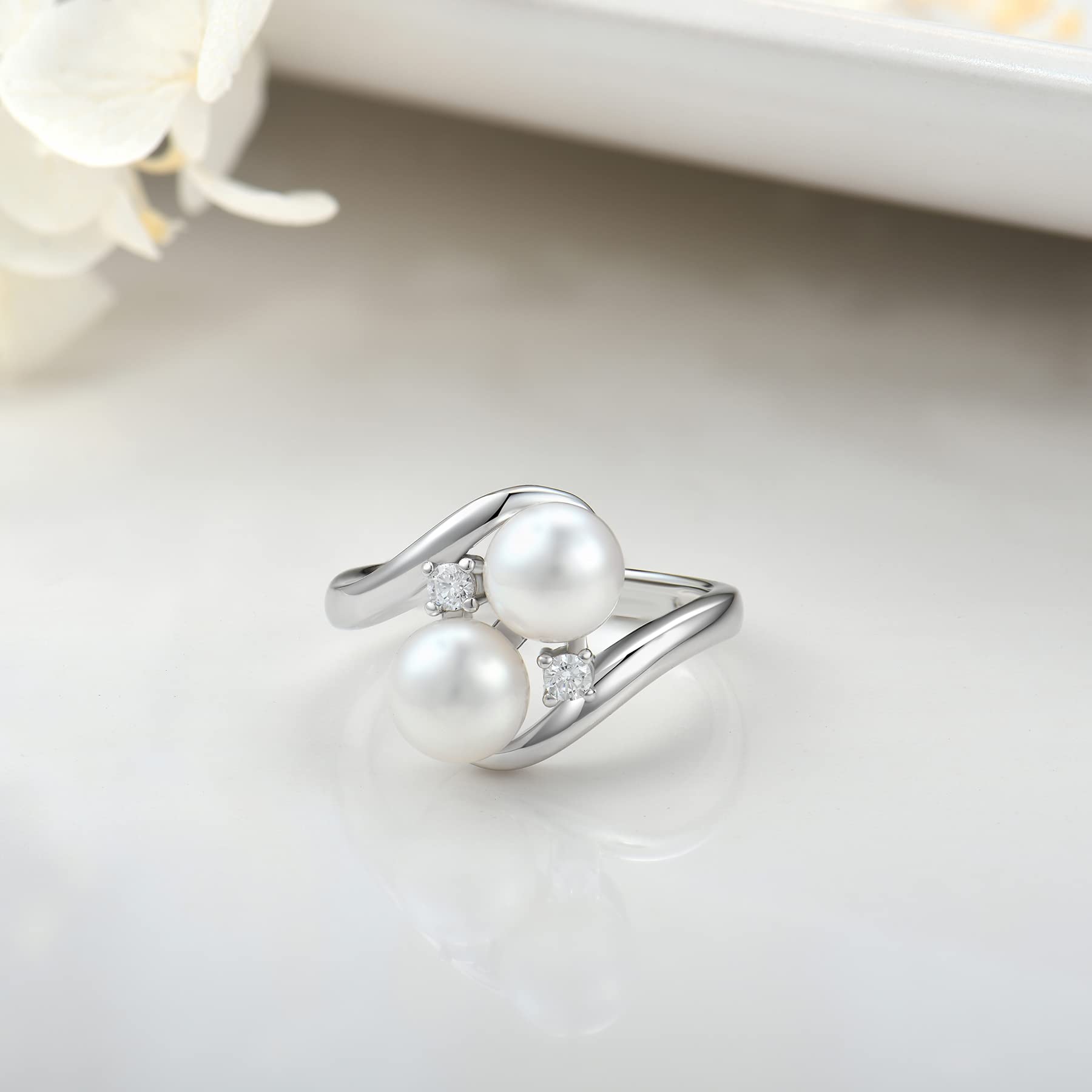 JO WISDOM Pearl Ring,925 Sterling Silver Cubic Zirconia Women's Rings with Two Pearls 7mm White Freshwater Cultured Pearl Ring size 7