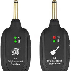 Wireless Guitar System, Wireless Guitar Transmitter and Receiver, 3.7V 600mAh 20Hz-20kHz UHF Built-in Rechargeable Support 4 Channels Transmitter Receiver with Plug for Electric Guitar Bass Organ