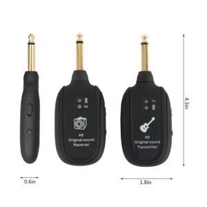 Wireless Guitar System, Wireless Guitar Transmitter and Receiver, 3.7V 600mAh 20Hz-20kHz UHF Built-in Rechargeable Support 4 Channels Transmitter Receiver with Plug for Electric Guitar Bass Organ