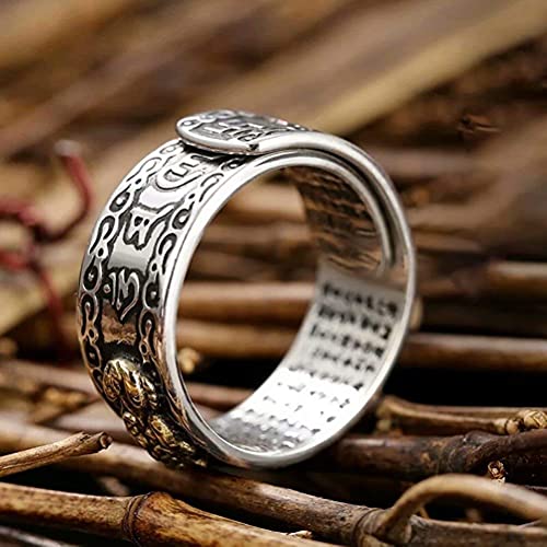 JAJAFOOK 990 Silver PIXIU MANI Amulet Lucky Wealth Buddhist Mantra Ring Wealth Money Feng Shui Ring Jewelry, Adjustable, Women