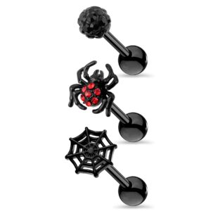 OUFER 3PCS Helix Earrings Spider Halloween Cartilage Tragus Set Spider Web Conch Piercing Jewelry Black Red Gem Tragus Studs