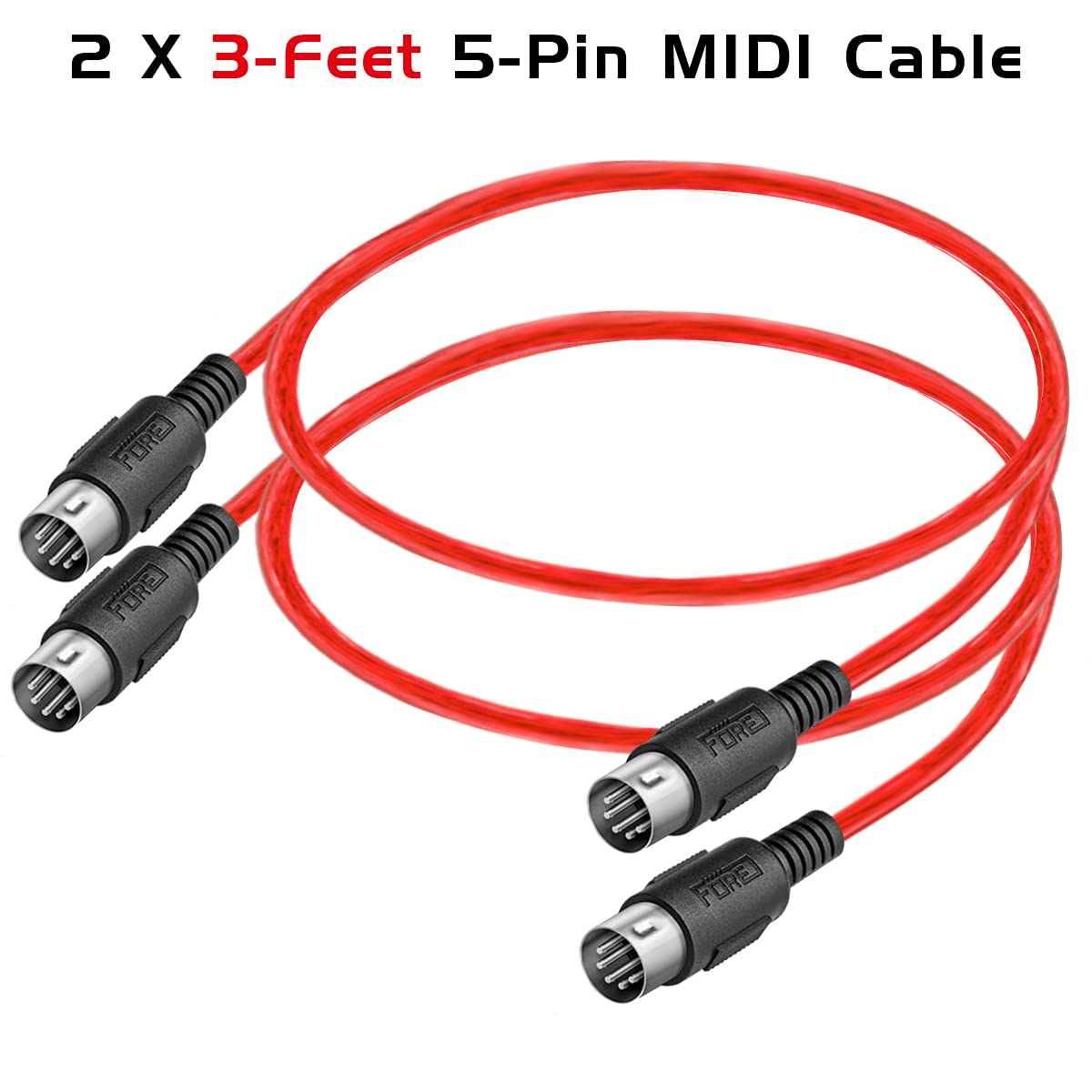 FORE 3.3 Feet 2-Pack Male to Male 5-Pin DIN MIDI Cable Compatible with MIDI Keyboard/Synthesizer/Guitar Multi Effects/Audio Interface/Audio Mixer/Auido Amplifier/External Sound Card/Red