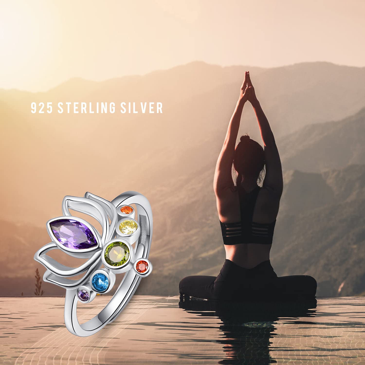 TANGPOET Chakra Rings for Women Lotus Flower Adjustable Rings S925 Sterling Silver Healing Jewelry Reiki Meditation Gifts for Her Yoga Lovers