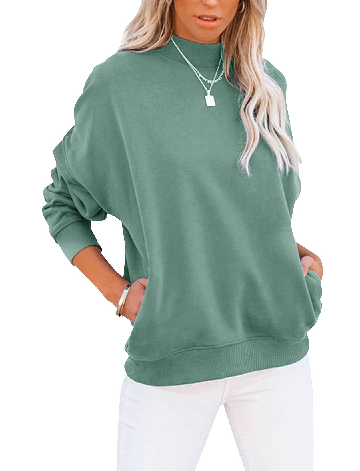 Minclouse Women's Casual Long sleeves Sweatshirt Tops Basic Loose Fit Mock Turtleneck Lightweight Tunic Pullover With Pocket (Mint,Large,Adult,Female,US,Alpha,Large,Regular,Regular)