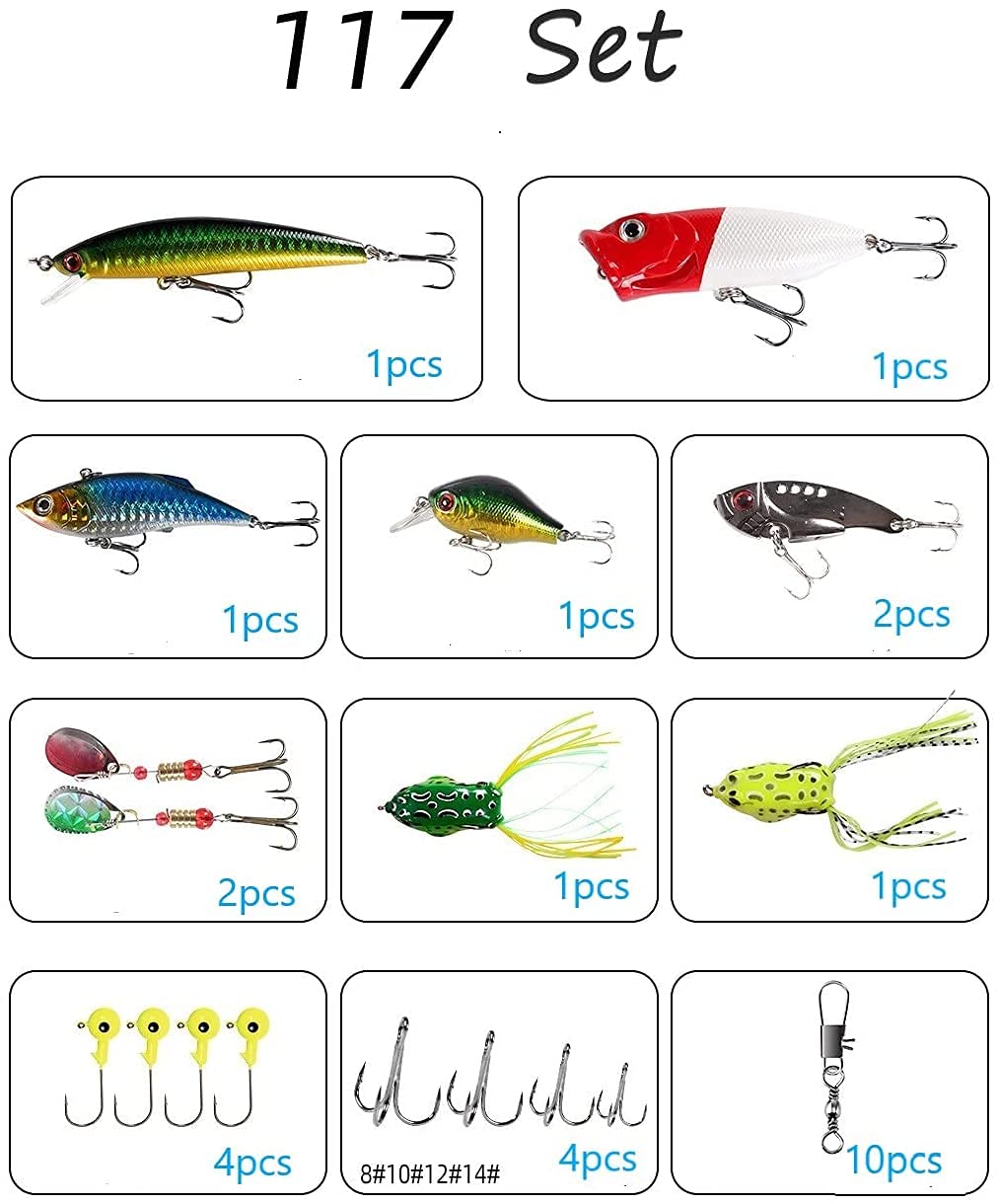 Fishinghappy 117PCS Fishing Lures Baits Tackle Including Topwater Frog Lures Crankbaits Spinnerbaits Plastic Worms Jigs Tackle Box and More Fishing Gear Lures