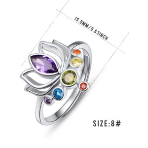 TANGPOET Chakra Rings for Women Lotus Flower Adjustable Rings S925 Sterling Silver Healing Jewelry Reiki Meditation Gifts for Her Yoga Lovers