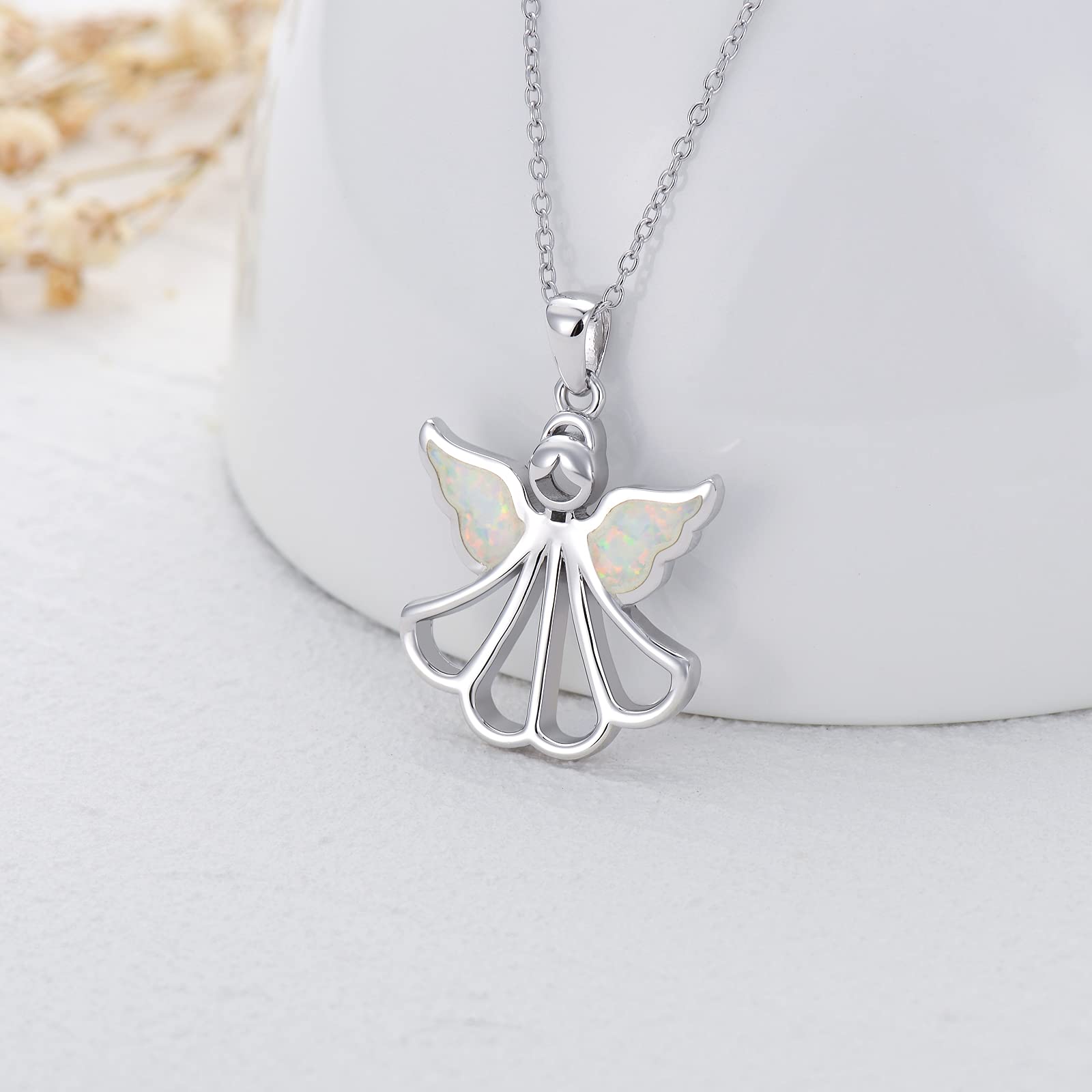 MEIDERBO Guardian Angel Necklace 925 Sterling Silver Opal Angel Wing Pendant Necklace Angel Jewelry Gifts for Women